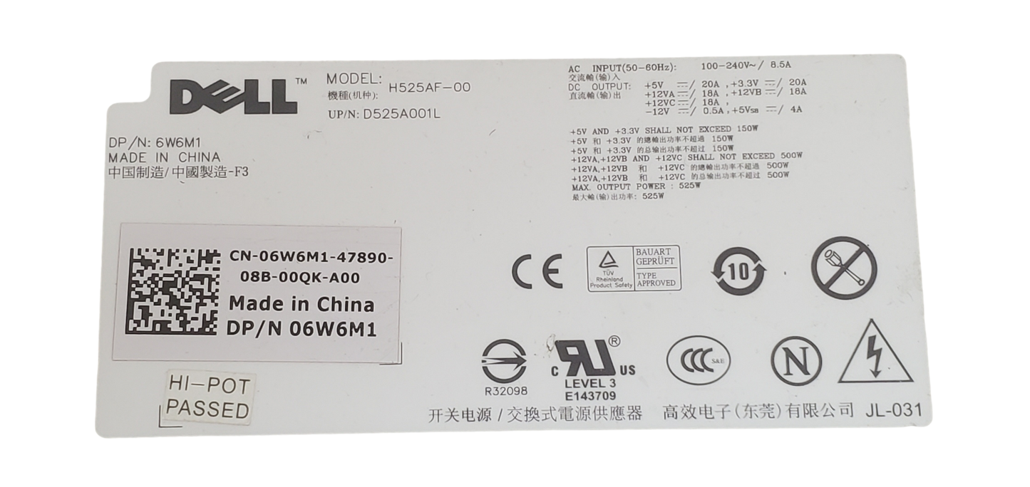 Dell Power Supply DPS-525AF 525W 6W6M1 No Harness