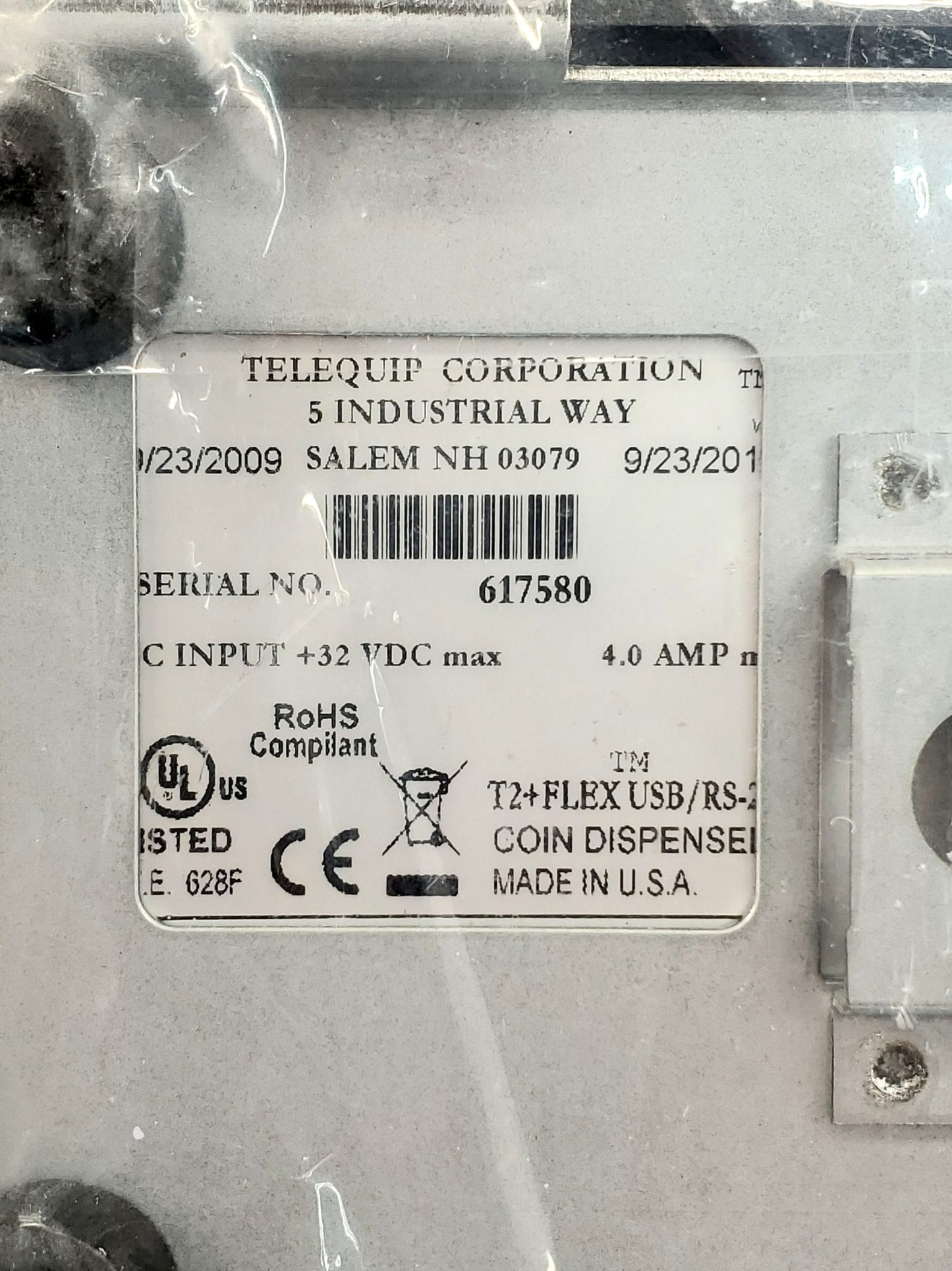 NEW Telequip Corp T2+Flex USB RS-232 RJ45 Coin Dispenser Charcoal