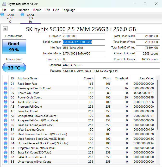 SK Hynix SC300 256GB 2.5" SATA III SSD HFS256G32MND-3210A 99%