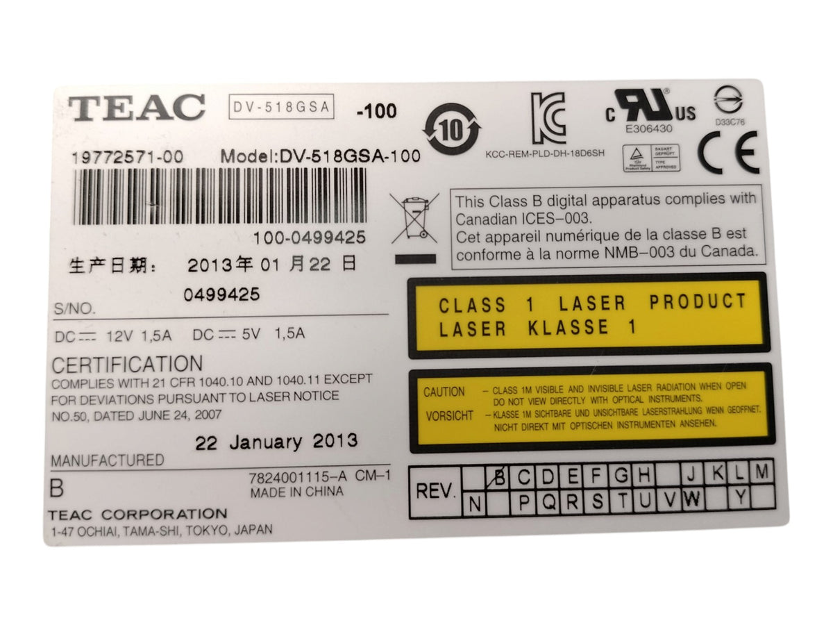 TEAC DV-518GSA-100 5.25" Internal Desktop SATA DVD-ROM Optical Drive 19772571-00