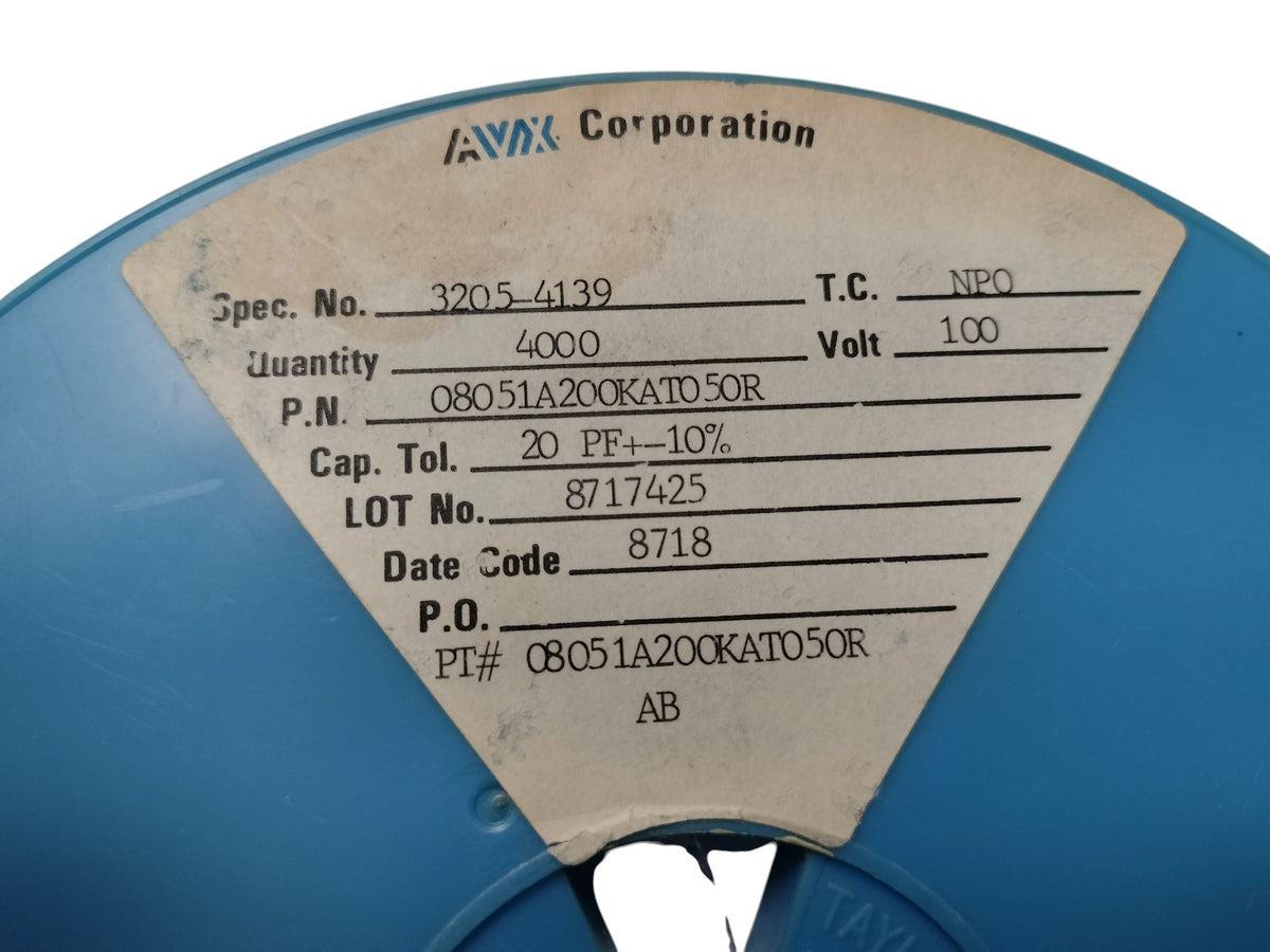 Reel of ~4000 AVX 08051A200KAT050R 20pF 100V 10% NP0 C0G 0805 SMD Ceramic Caps