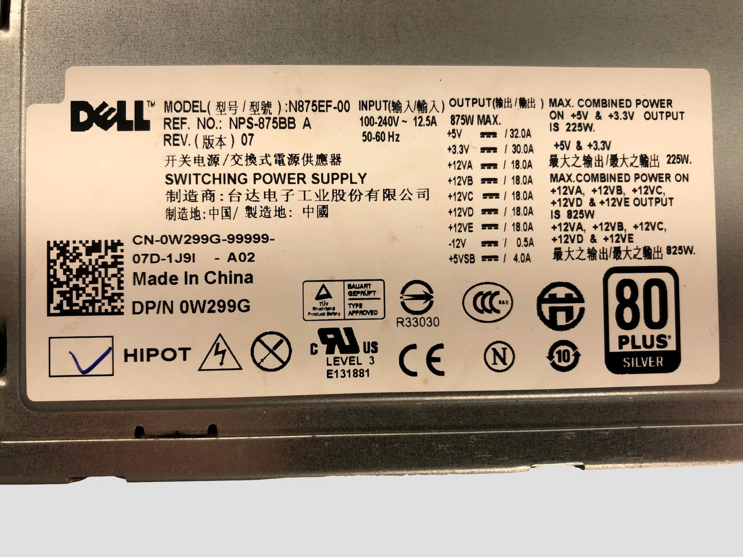 Dell N875EF W299G 875w Switching Power Supply