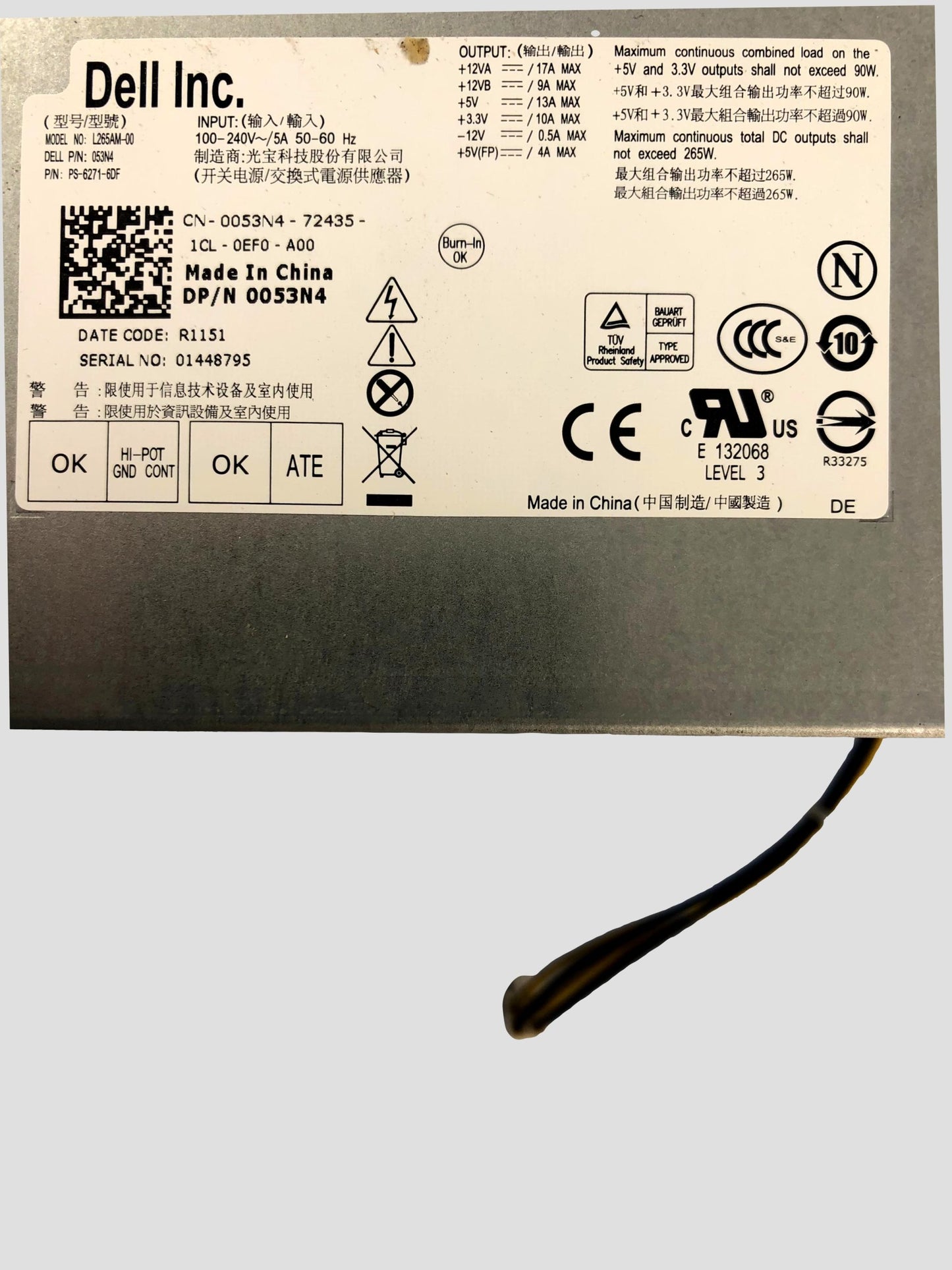 Dell L265AM-00 250 Watt switching power supply 053N4
