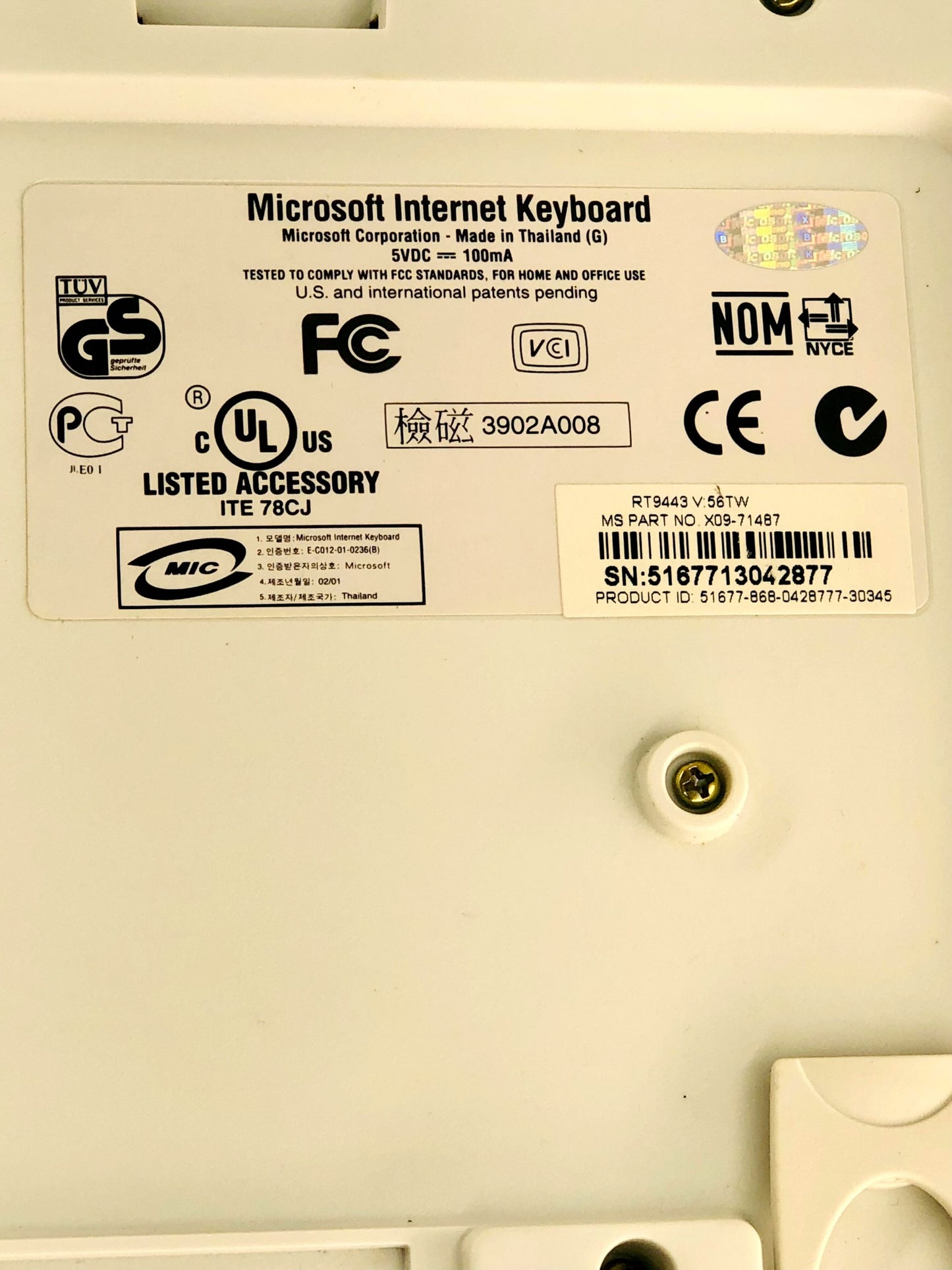 Vintage Microsoft Internet Keyboard PS/2 RT9443 X09-71487