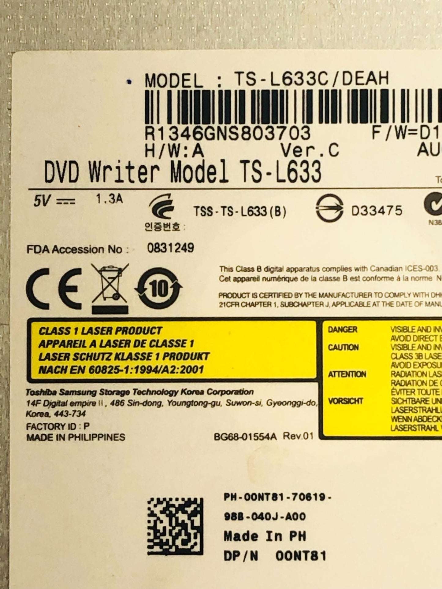 CD DVD Burner Writer Drive SATA Black Model TS-L633