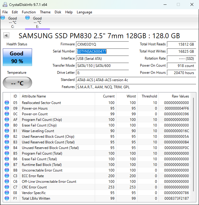 Samsung 128GB 2.5" SATA6 SSD Solid State Drive MZ-7PC128D 90%