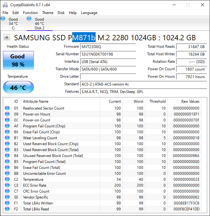 Samsung MZNLN1T0HALR-000D1 1TB PM871b M.2 2280 SSD SATA Drive