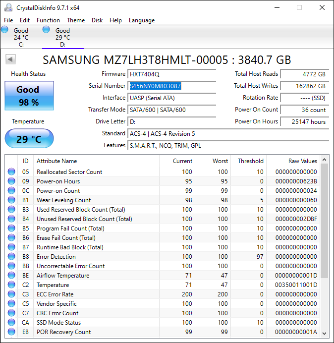 Samsung 3.84TB SSD Hard Drive 2.5" Sata Samsung PM883 MZ-7LH3T80