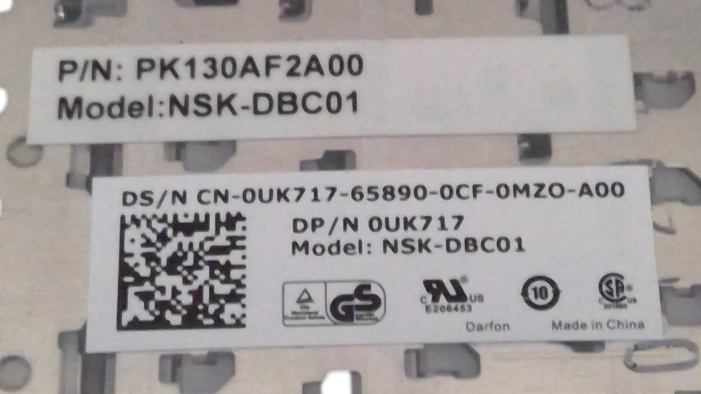 Dell Latitude E6410 Keyboard NSK-DB001 DP/N 0UK717