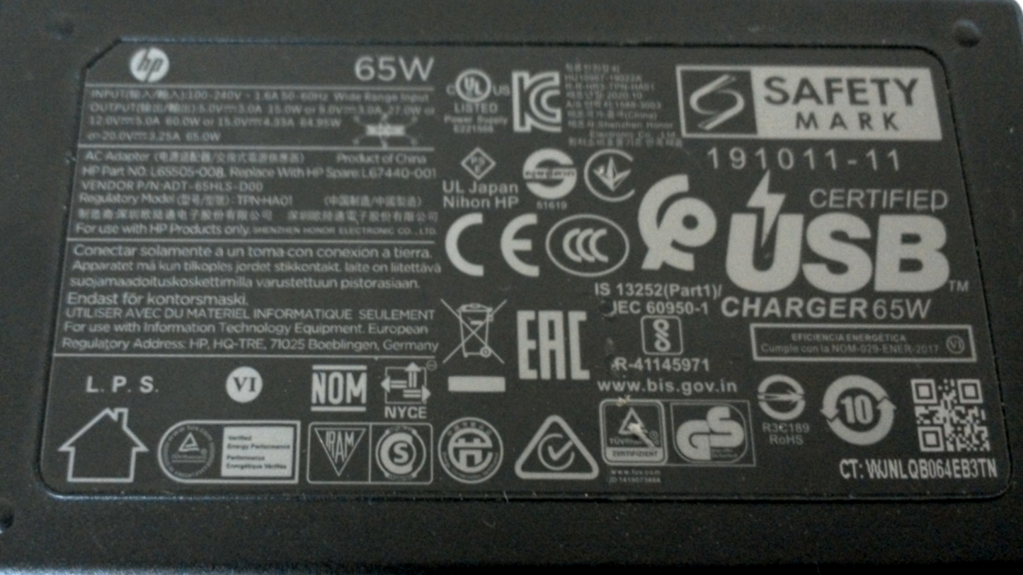 Genuine 65W USB-C Charger for HP TPN-DA20 TPN-LA23 TPN-HA01 TPN-CA21 L67440-001
