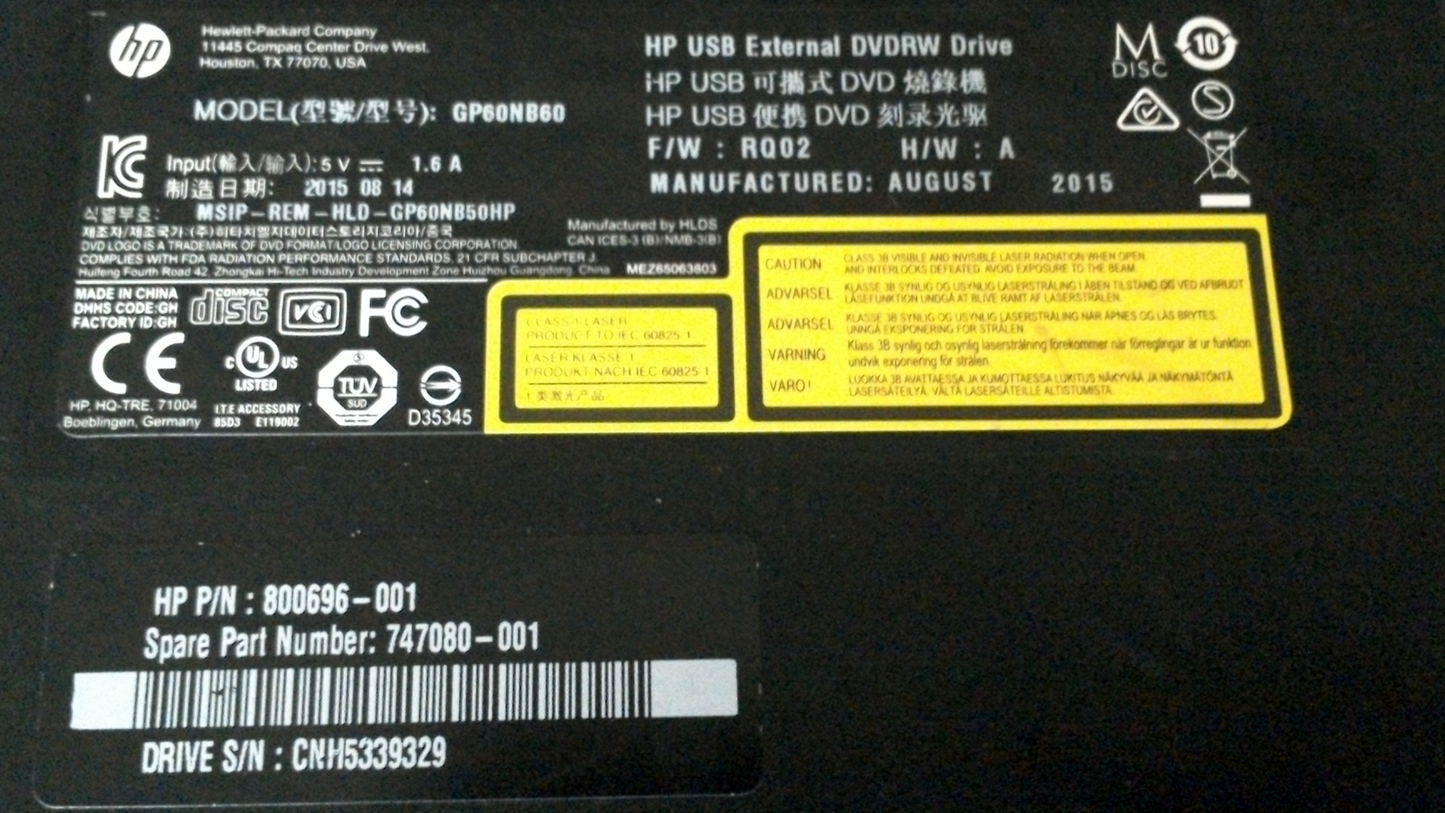 Genuine HP USB External DVDRW Drive GP60NB60 747080-001 800696-001