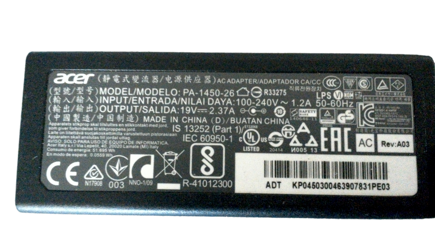 Genuine Acer AC Power Adapter 19V 2.37A 45W Aspire Laptop Charger PA-1450-26