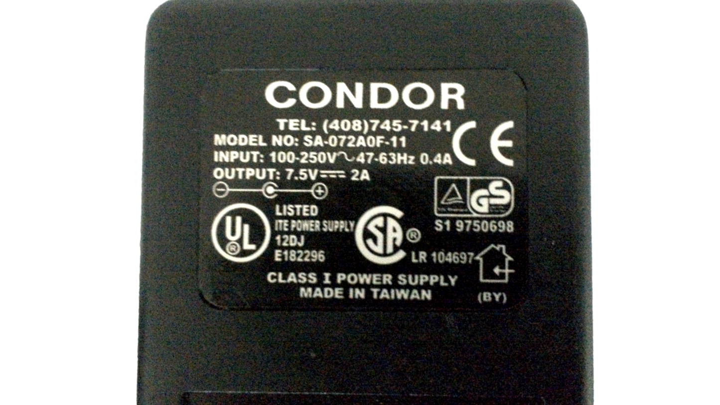 SA-072A0F-11 SA-073A0IV CONDOR ELECTRONICS AC ADAPTER 7.5VDC 2A BARREL S22a