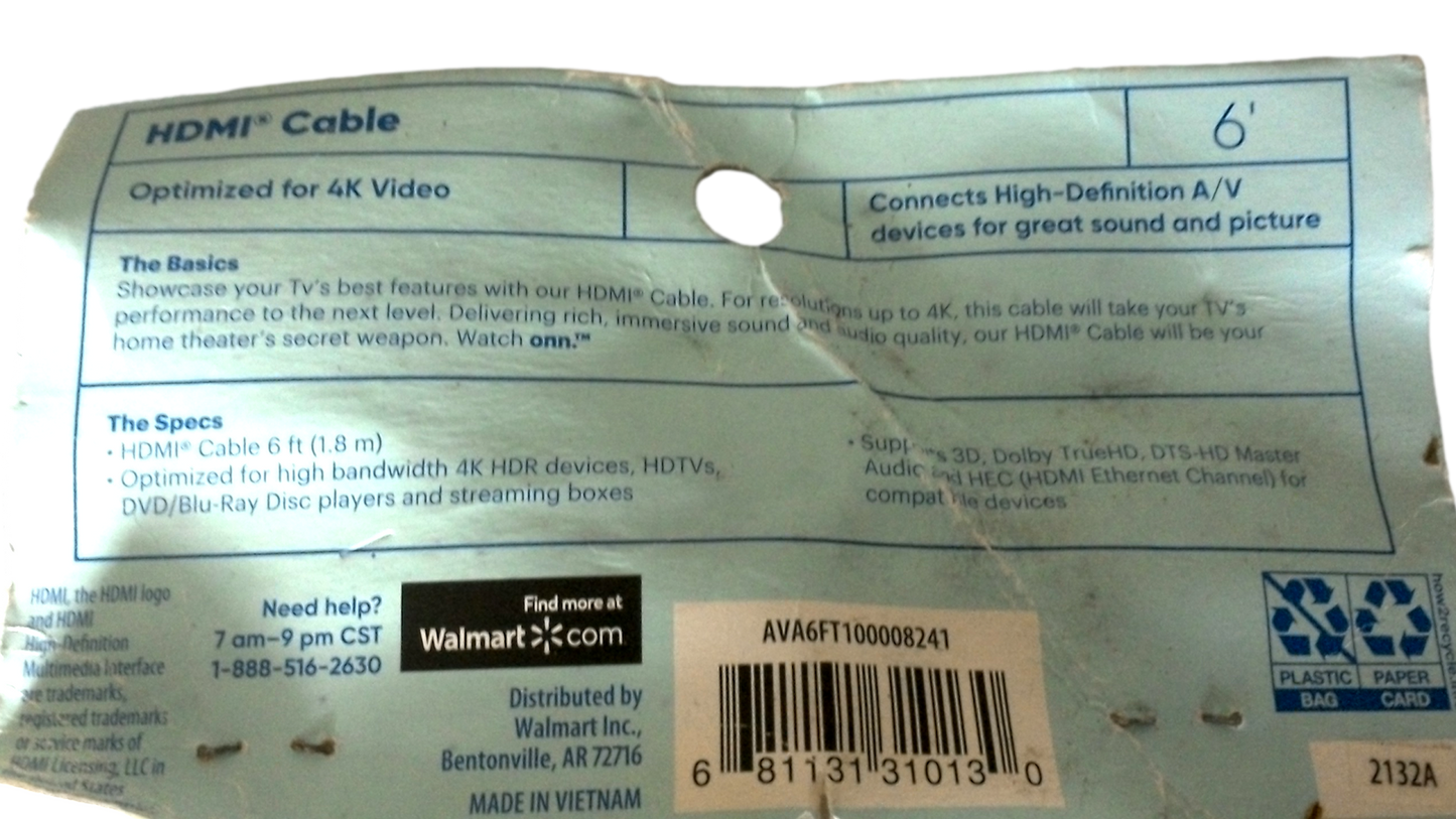 New onn. HDMI 2.0 4K Cable 6', White
