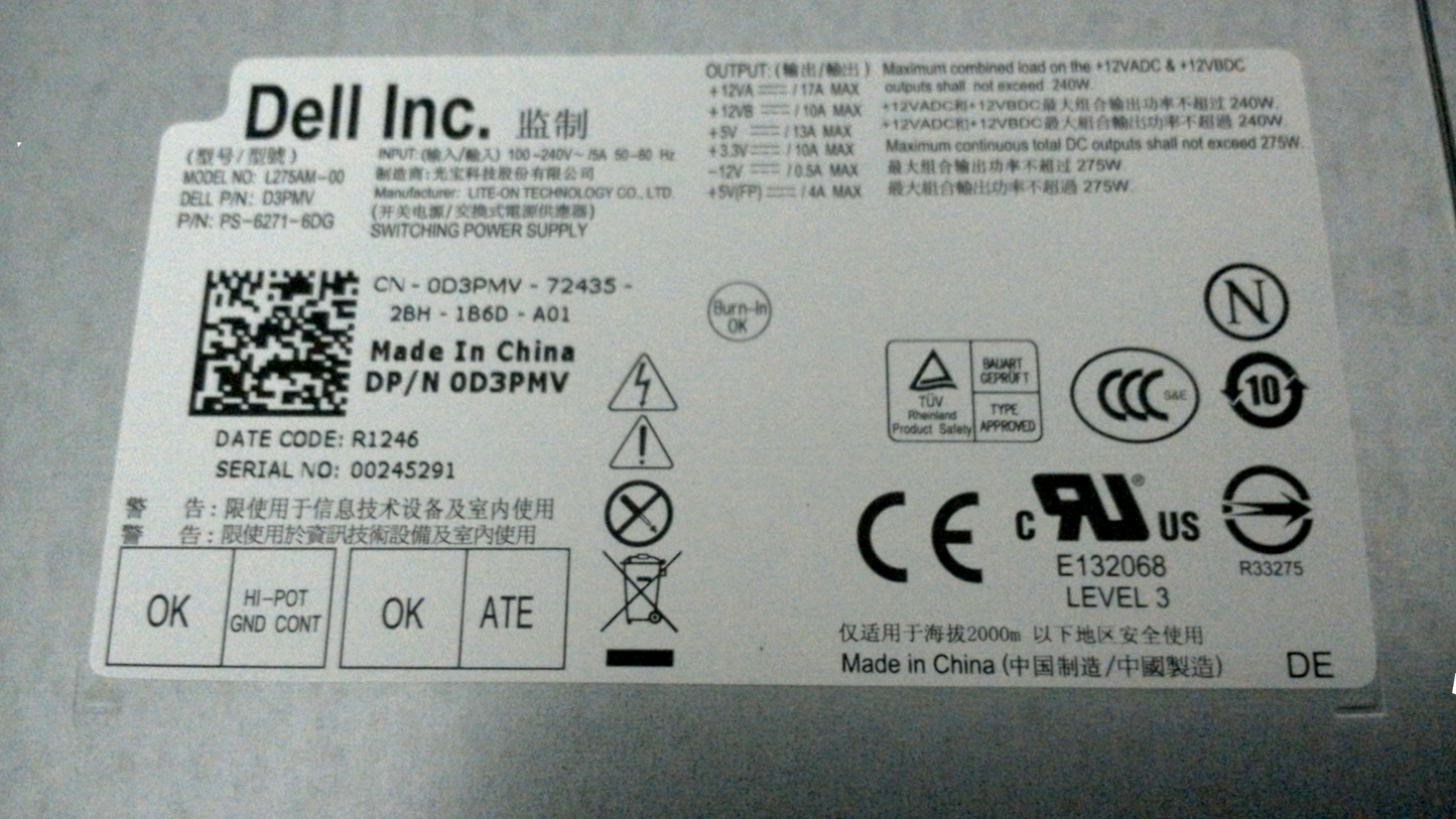 Dell Desktop Power Supply Model L275AM-00 275W Dell P/N D3PMV