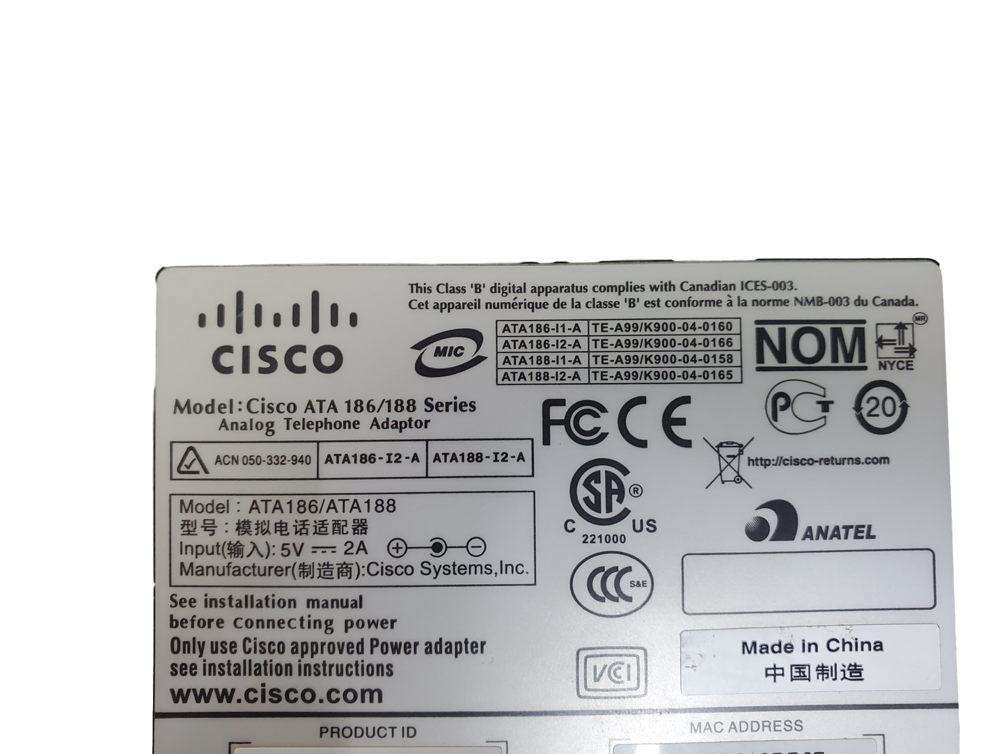 Cisco ATA 186 Analog Telephone Adapter