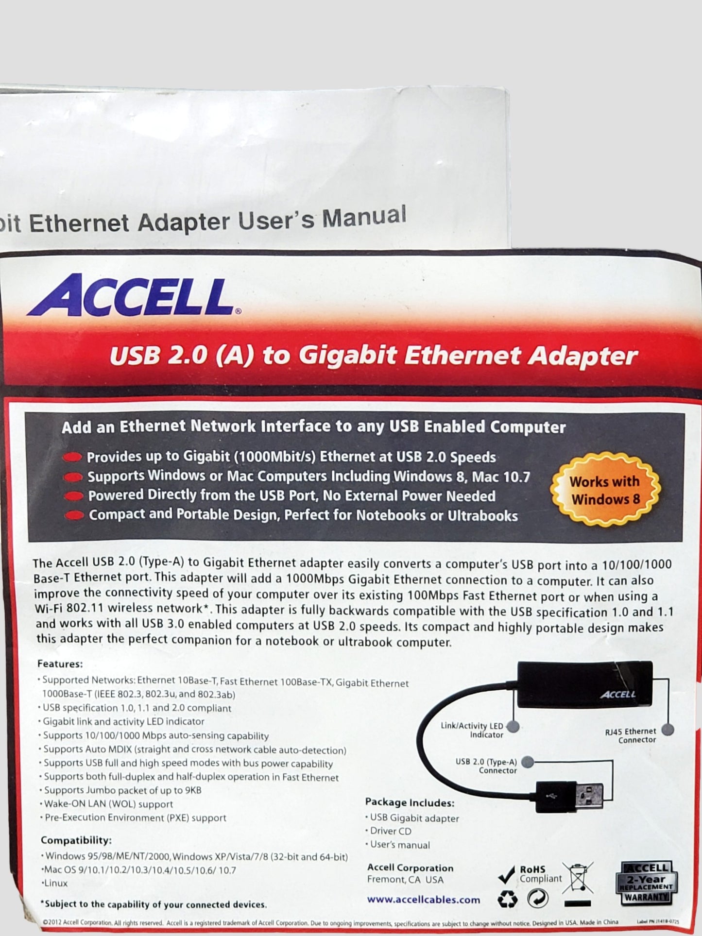NEW Accell J141B-001B-2 USB 2.0 (a) to Gigabit Ethernet Adapter, Black