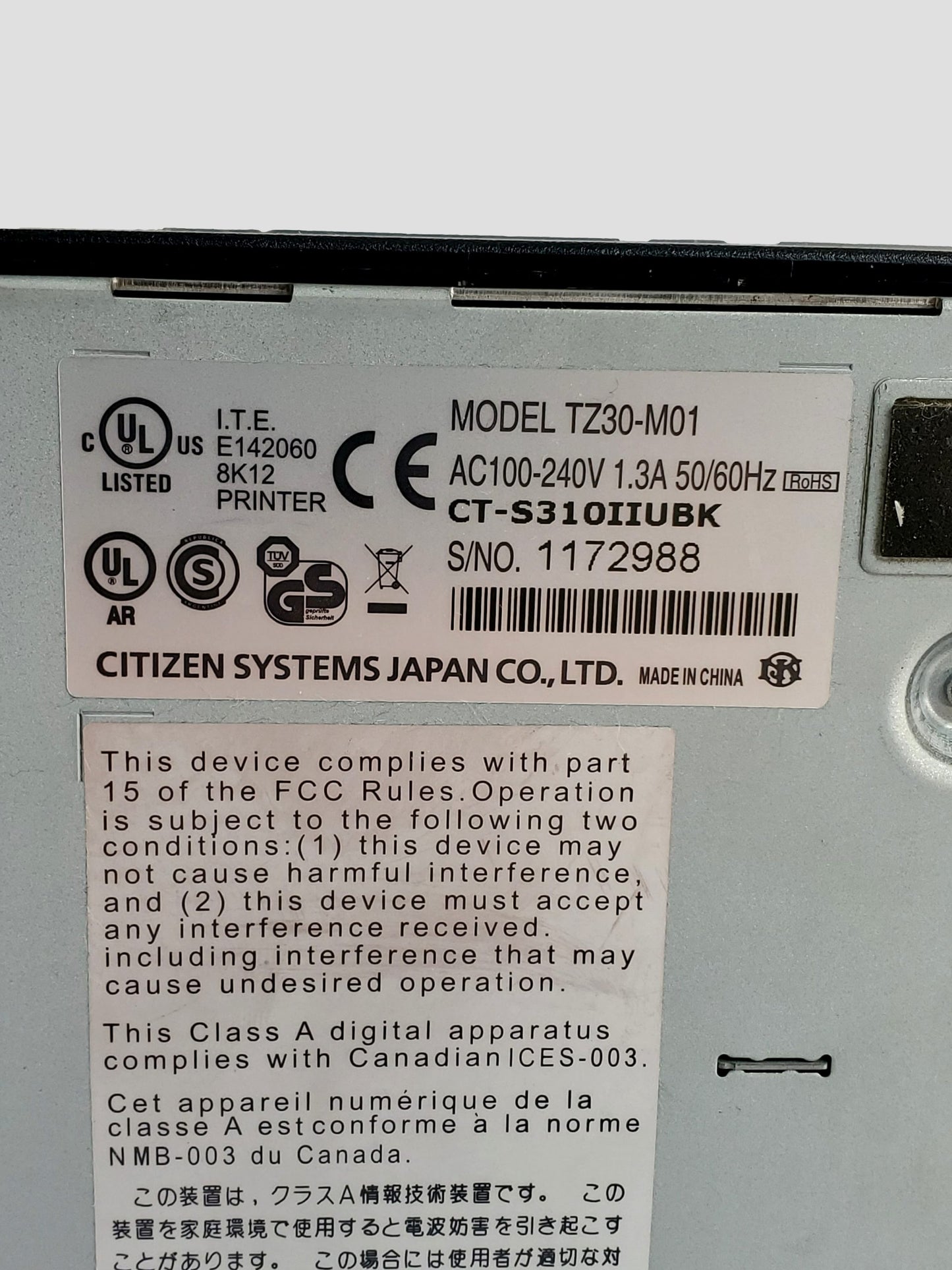 Citizen CT-S310II-U-BK POS Thermal Receipt and Barcode Printer TZ30-M01