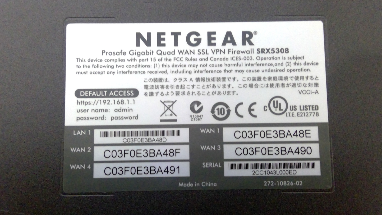 Netgear Prosafe SRX5308 230V Quad Port 10/100/1000Base-T Gigabit Ethernet SSL VPN Firewall Router
