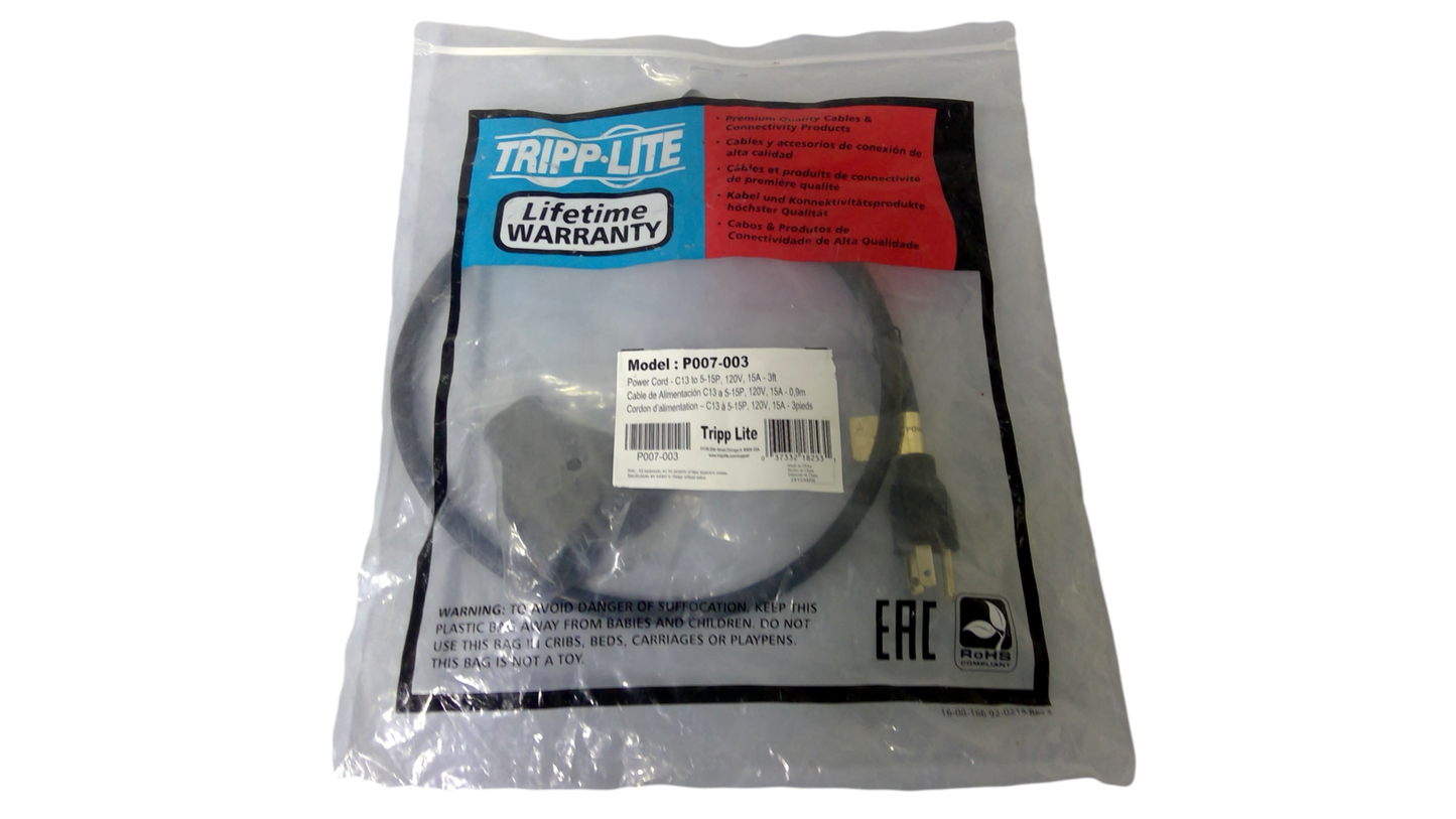 NEW TRIPP LITE 3' COMPUTER POWER CORD CABLE P007-003 C13 TO 5-15P 120V 15A
