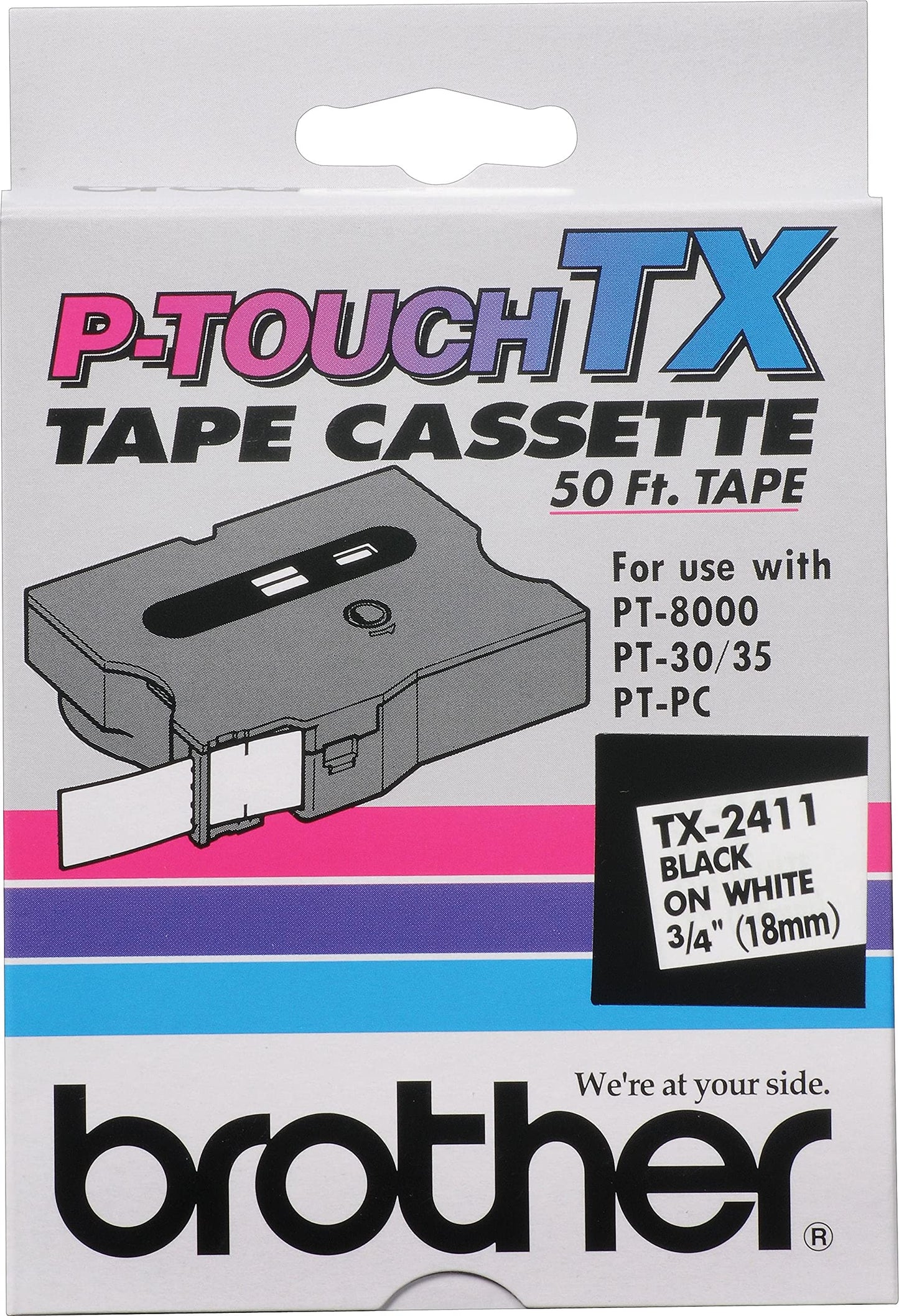Brother TX-2411 Black-On-White Tape, 0.75in x 50ft