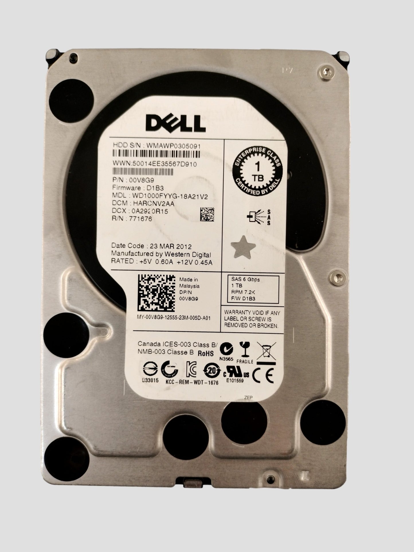 Dell WD1000FYYG 1TB 7.2K RPM 6Gb/s 3.5" SAS SERVER HDD Hard Drive 0V8G9 00V8G9