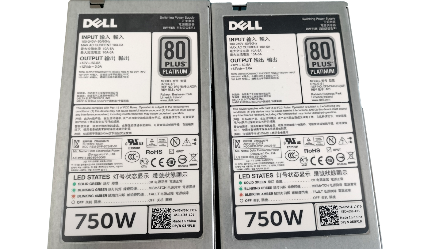 2x Dell 750W Hot Swap Power Supply For PowerEdge R720 R620 5NF18