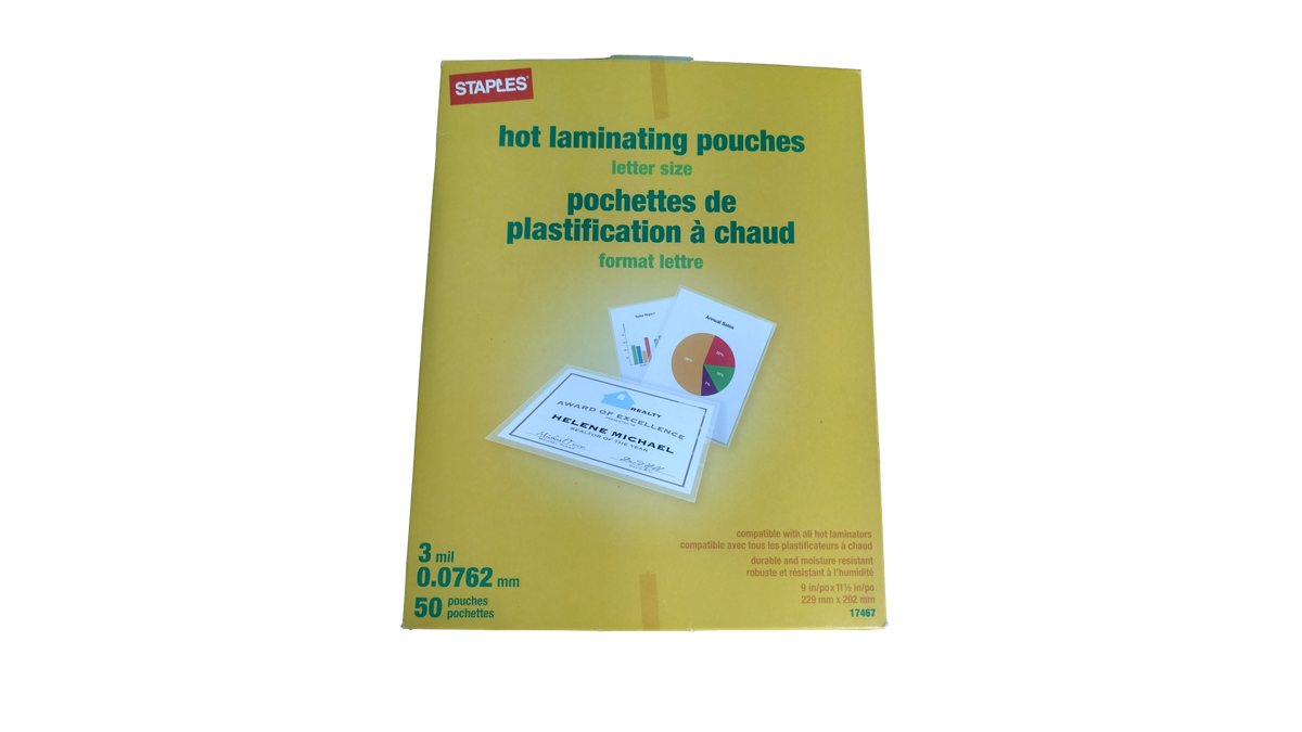 Staples 17467 Hot Laminating Pouches 3 Mil Letter Size 50 Pack