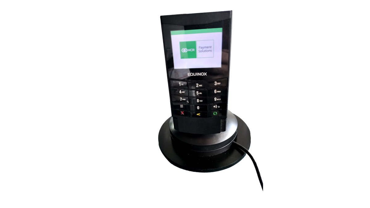 Equinox Luxe 8500 Credit Card Terminal Swivel Stand Power Supply NCR Software