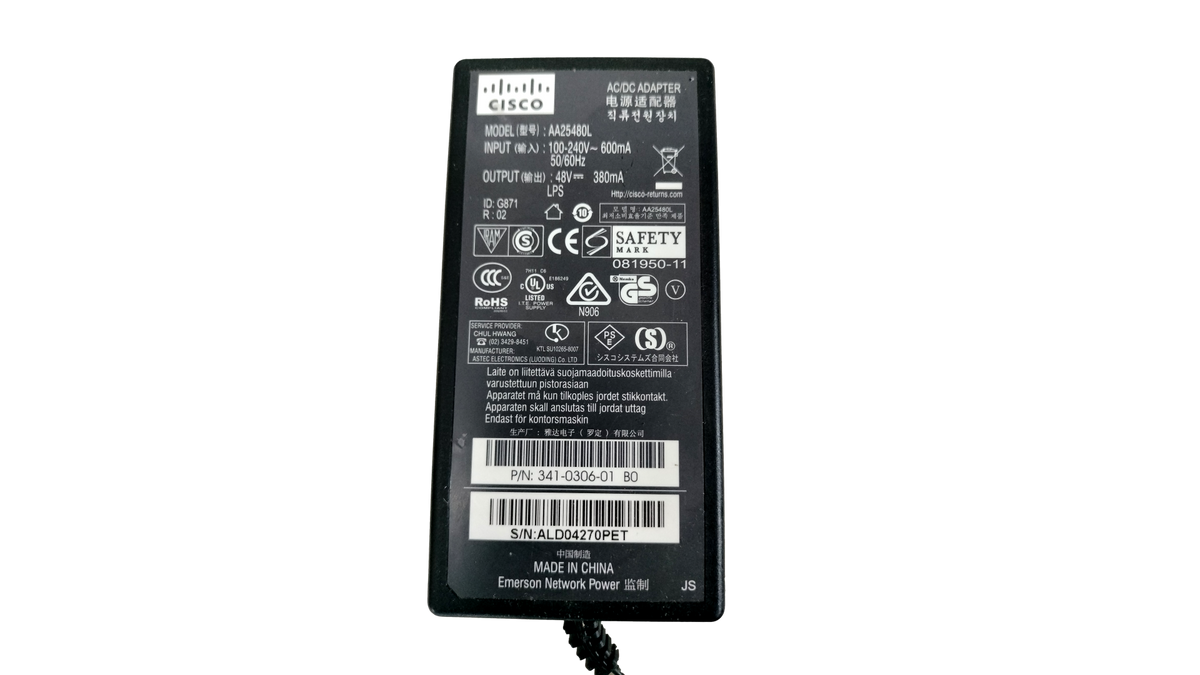 Cisco Systems 48V 380mA AC Power Supply Adapter Brick AA25480L 341-0306-01 B0