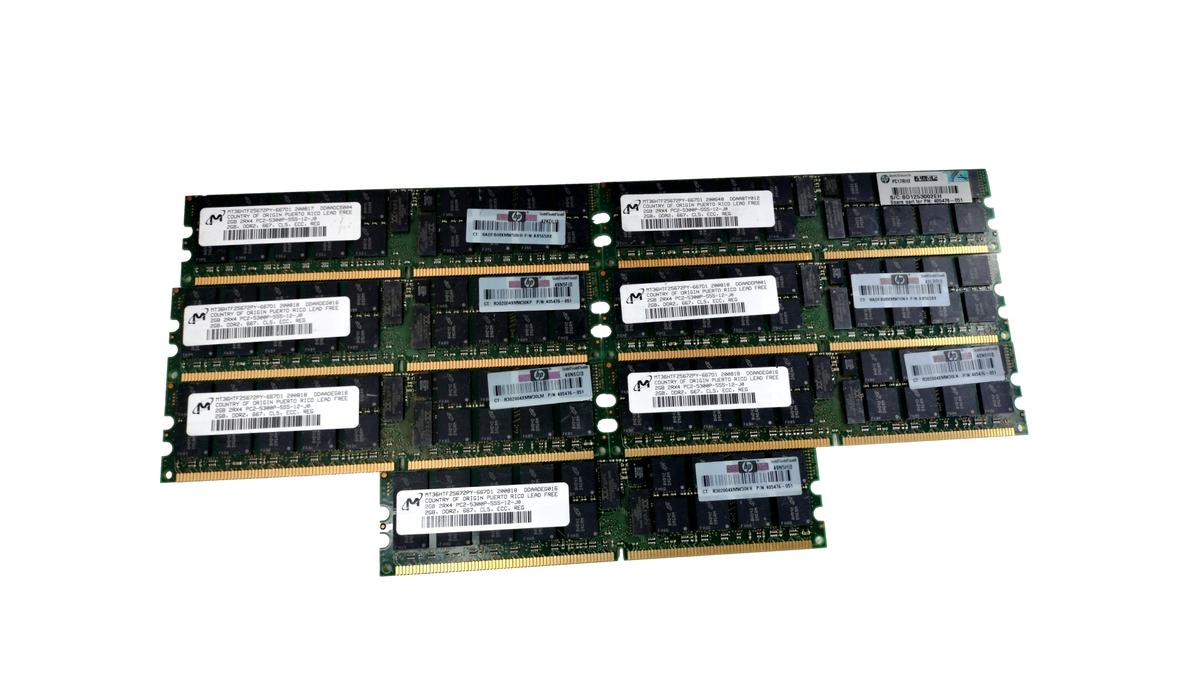 Lot of (7) HP / Micron 2GB 2Rx4 PC2-5300F DDR2-667 Fully Buffered ECC Server RAM Modules (HP P/N 397413-001 / 405476-001)