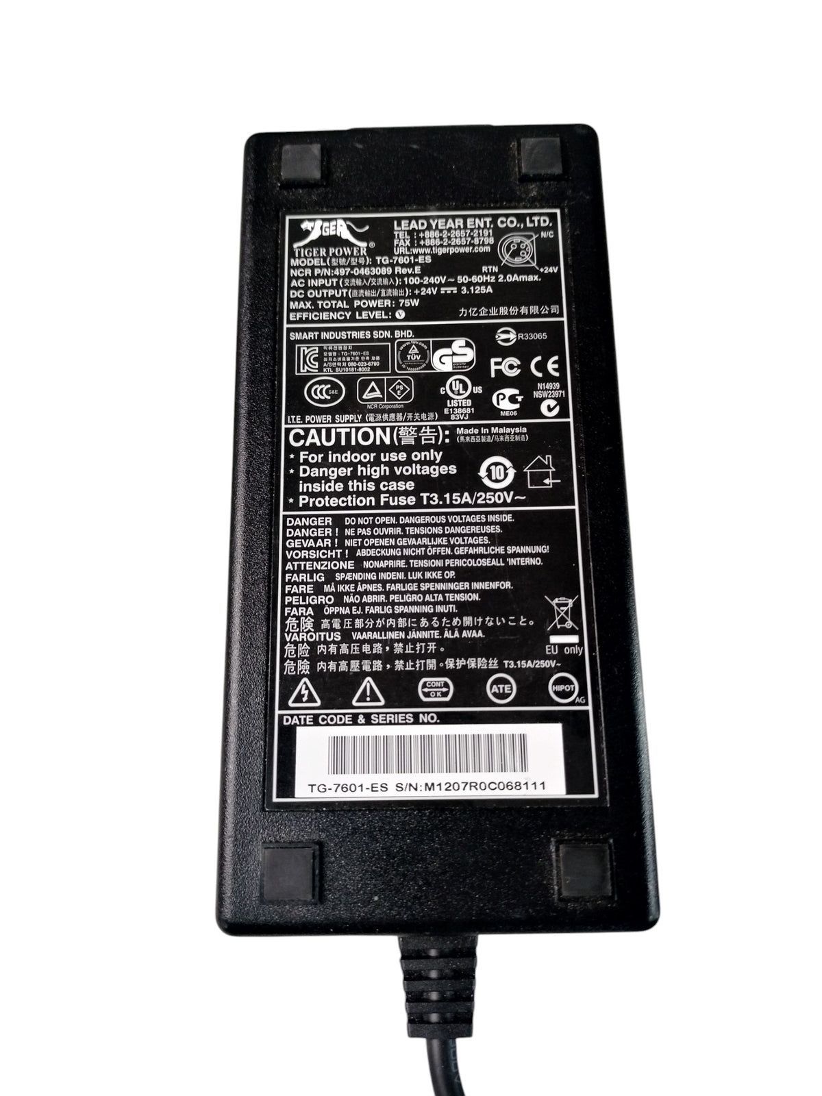 NCR 497-0463089 TG-7601-ES Tiger Power 24V 3.125A 75W AC Power Adapter Printer