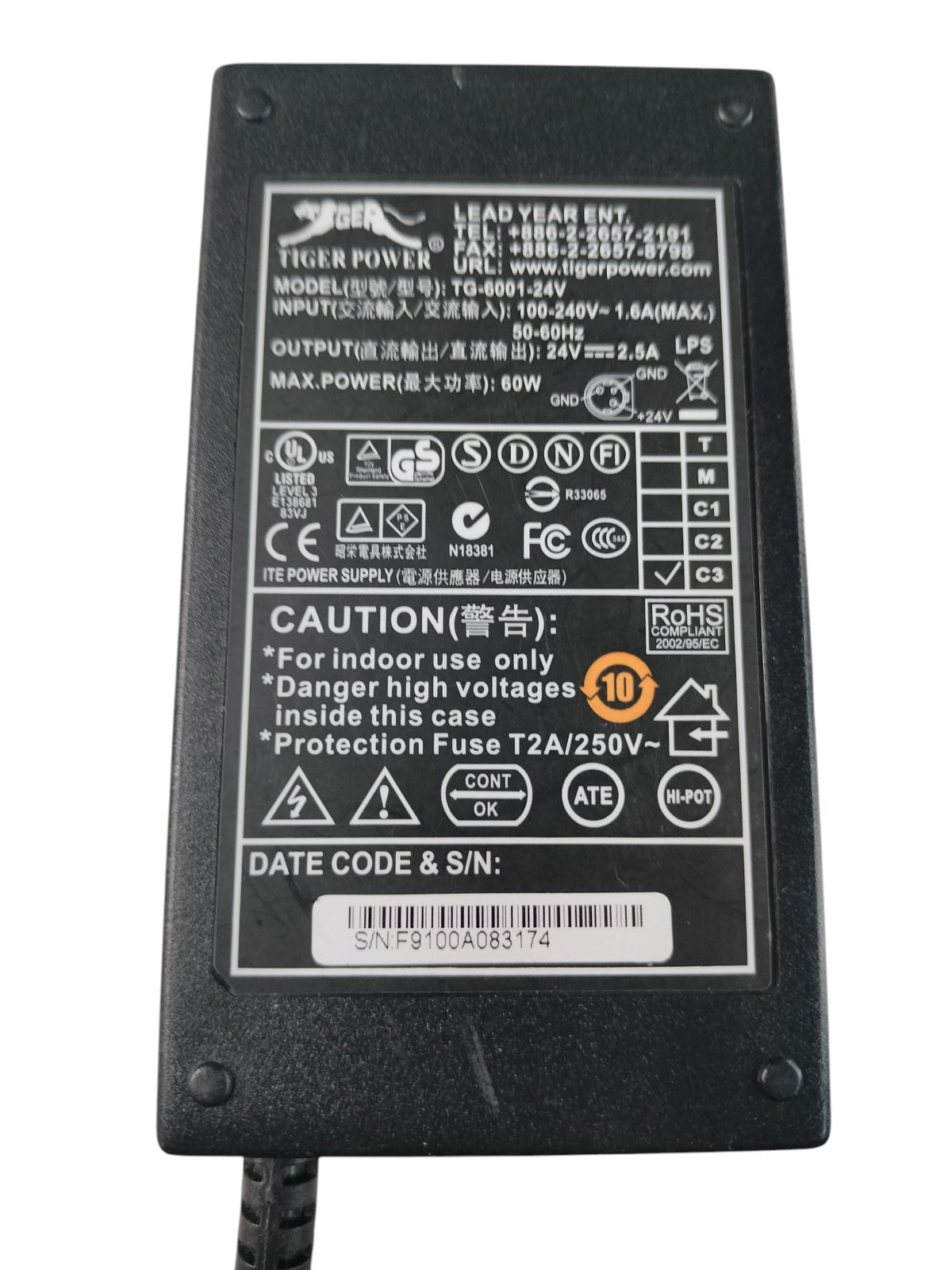 Tiger Power TG-6001-24V F9100A083174 24V 2.5A Receipt Printer Power Supply