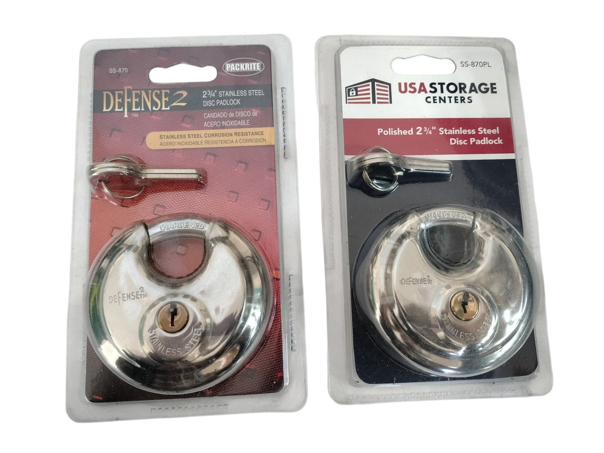 Lot of 2 New PackRite Defense 2 SS-870 2-3/4" 70mm Stainless Steel Disc Padlocks