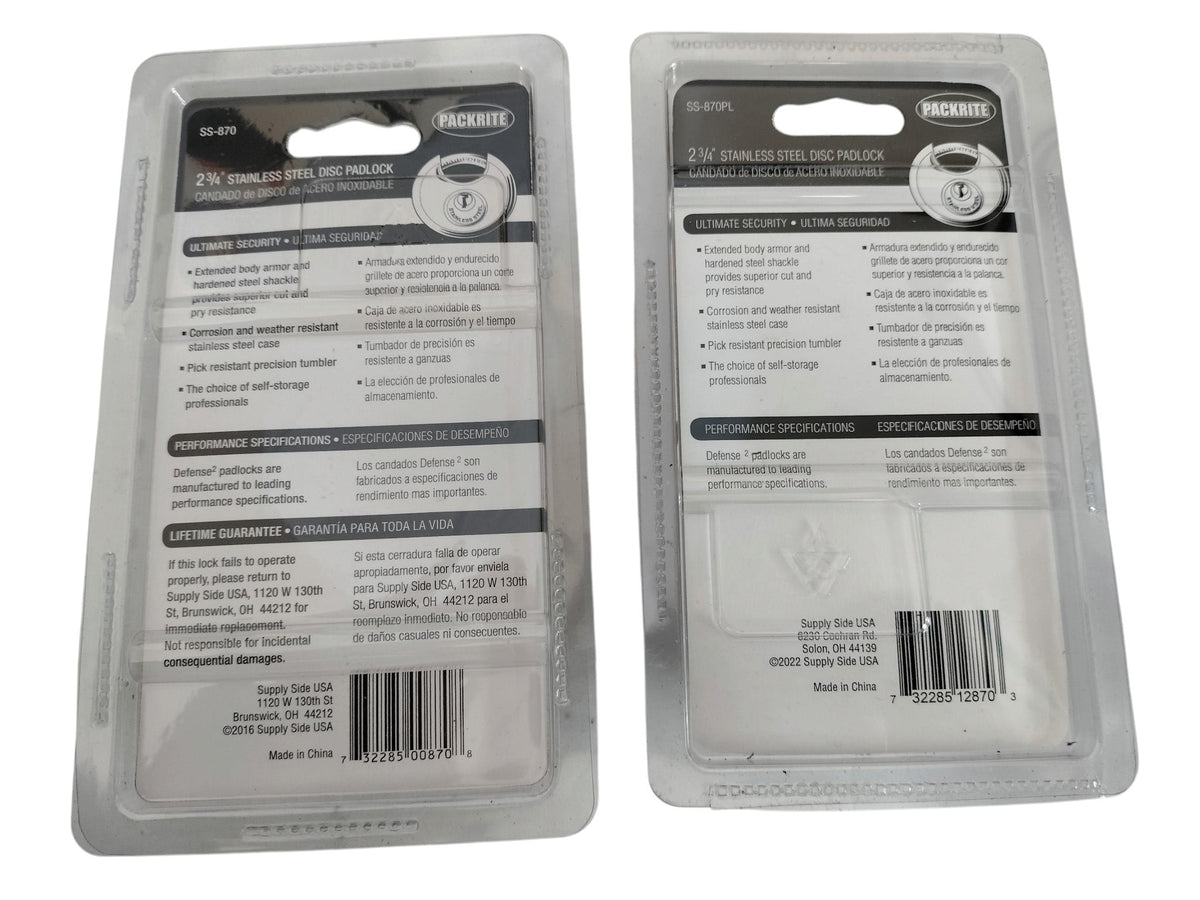 Lot of 2 New PackRite Defense 2 SS-870 2-3/4" 70mm Stainless Steel Disc Padlocks