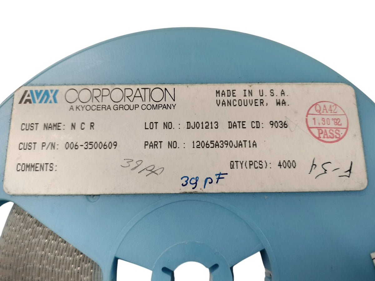 Partial Reel AVX 12065A390JAT1A 39pF 50V 5% C0G NP0 1206 SMD Ceramic Capacitors