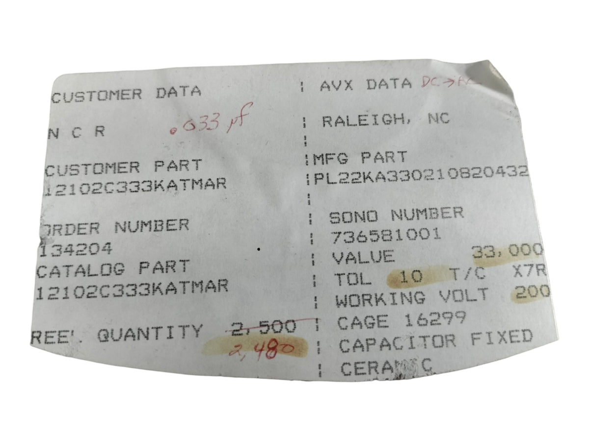 Partial Reel AVX 12102C333KATMA 0.033uF 33nF 200V 10% X7R 1210 SMD Cap USA