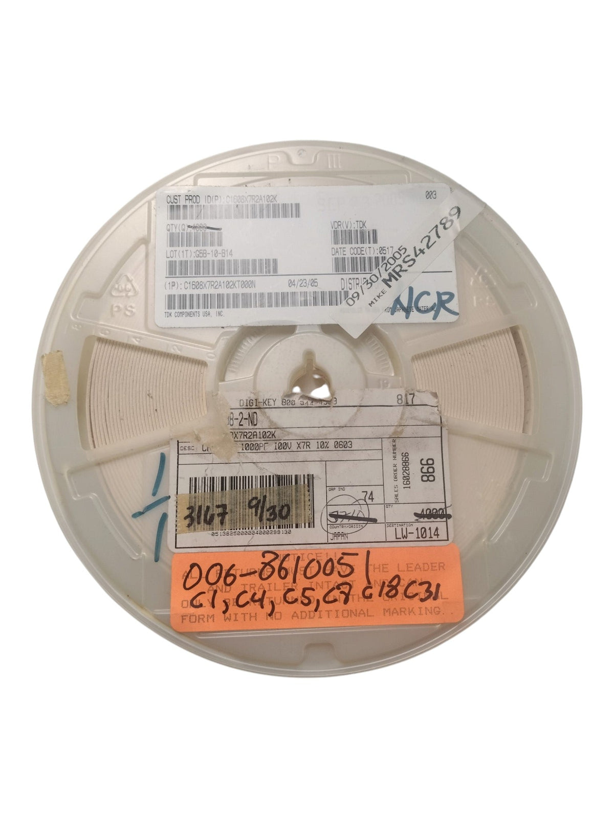 Partial Reel TDK C1608X7R2A102K 1000pF 1nF 100V 10% X7R 0603 SMD Capacitor Japan