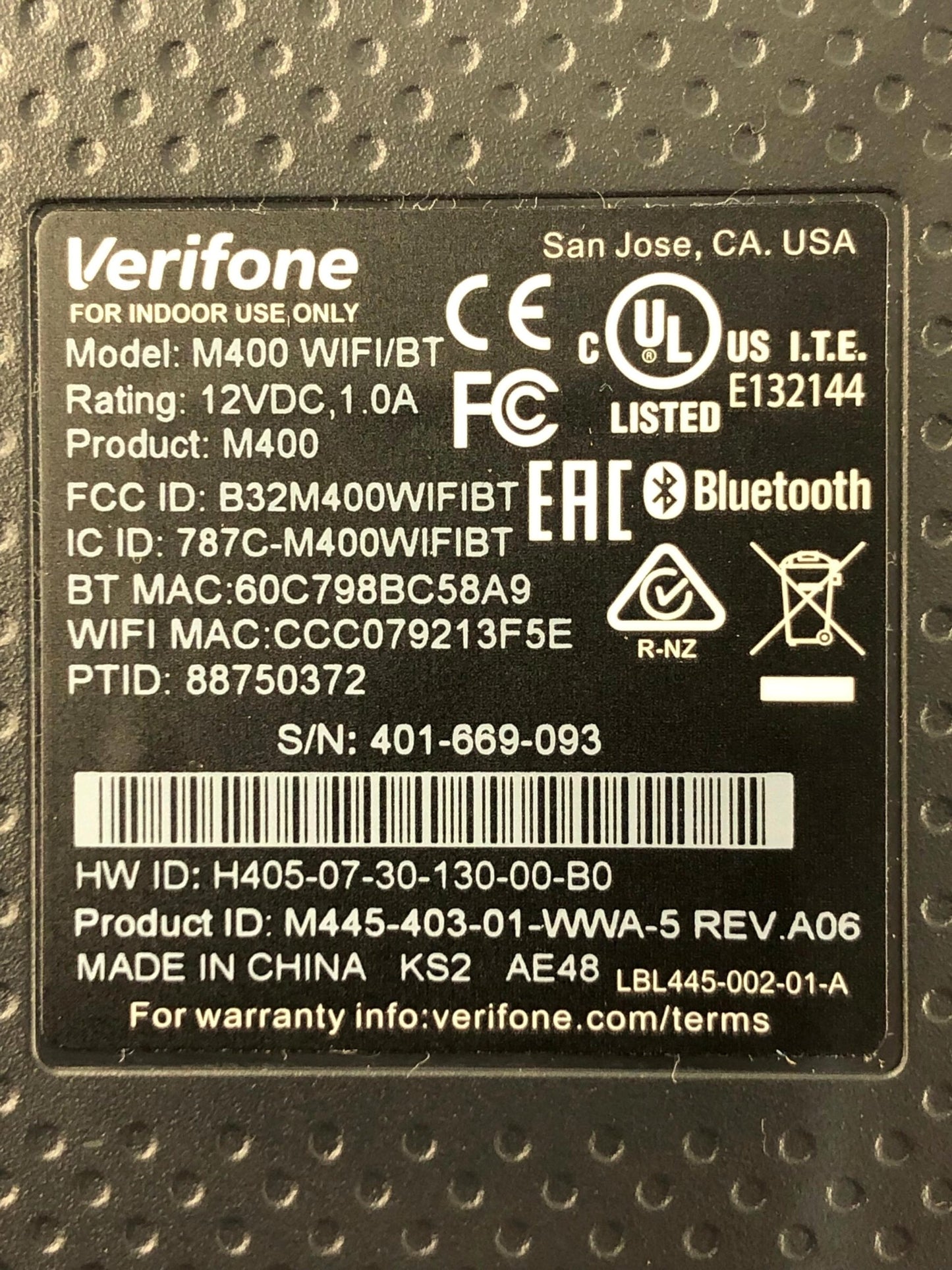 Verifone M400 Credit Card Reader, M445-403-01-WWA-5