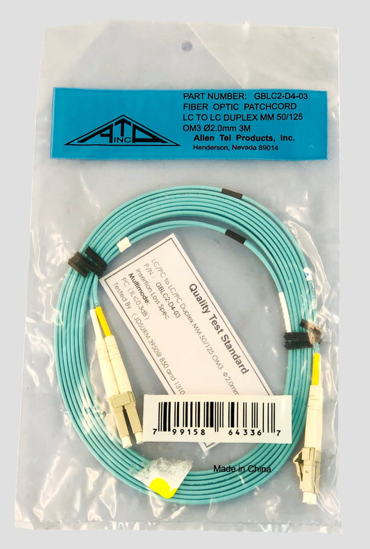 NEW Allen Tel GBLC2-D4-03 Fiber Optic Cable Assembly Patch Cord, LC To LC, Duplex Cable Multimode Fiber 3-Meter Length