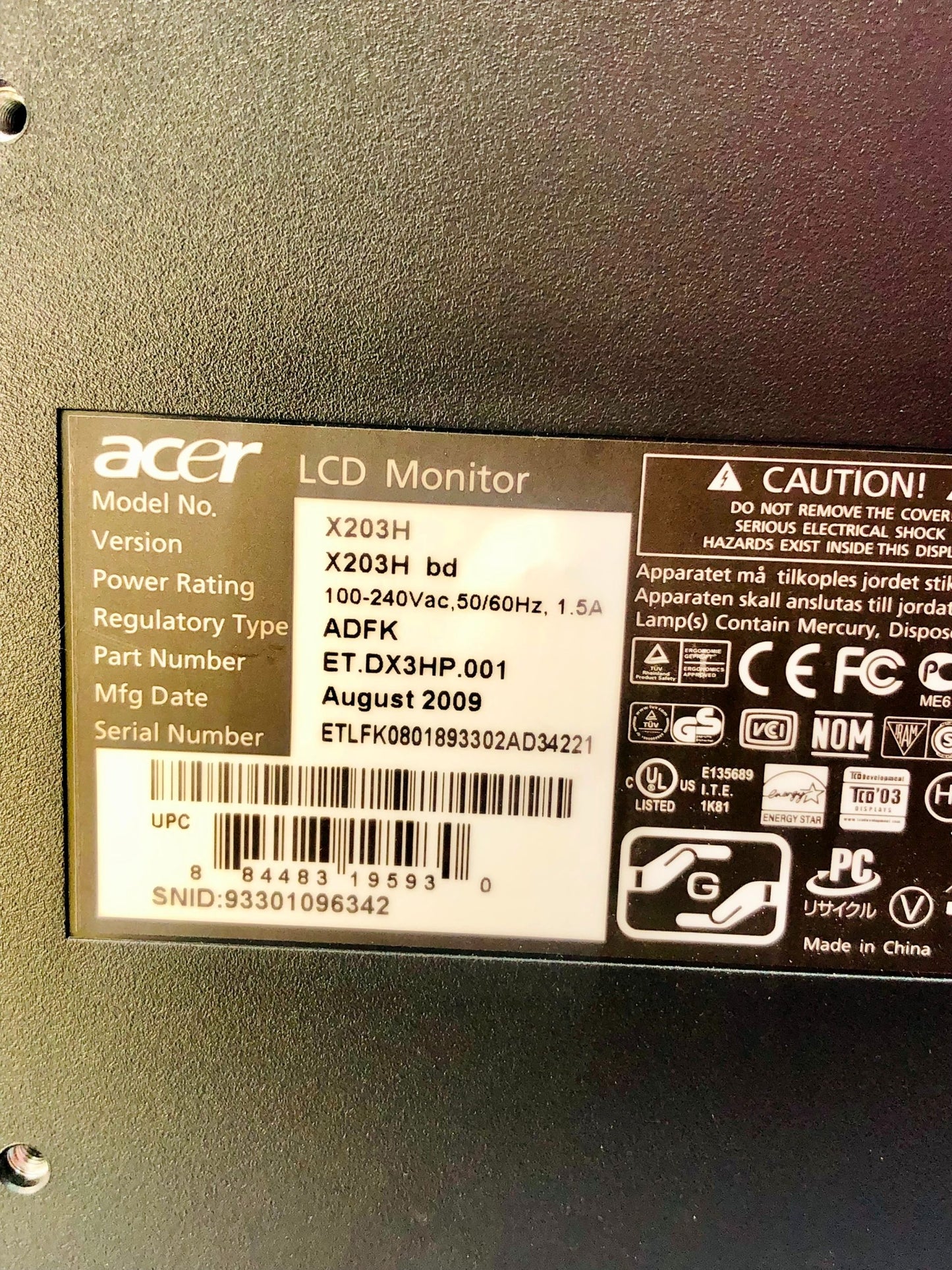 Acer X203H Widescreen 20" Monitor ET.DX3HP.001