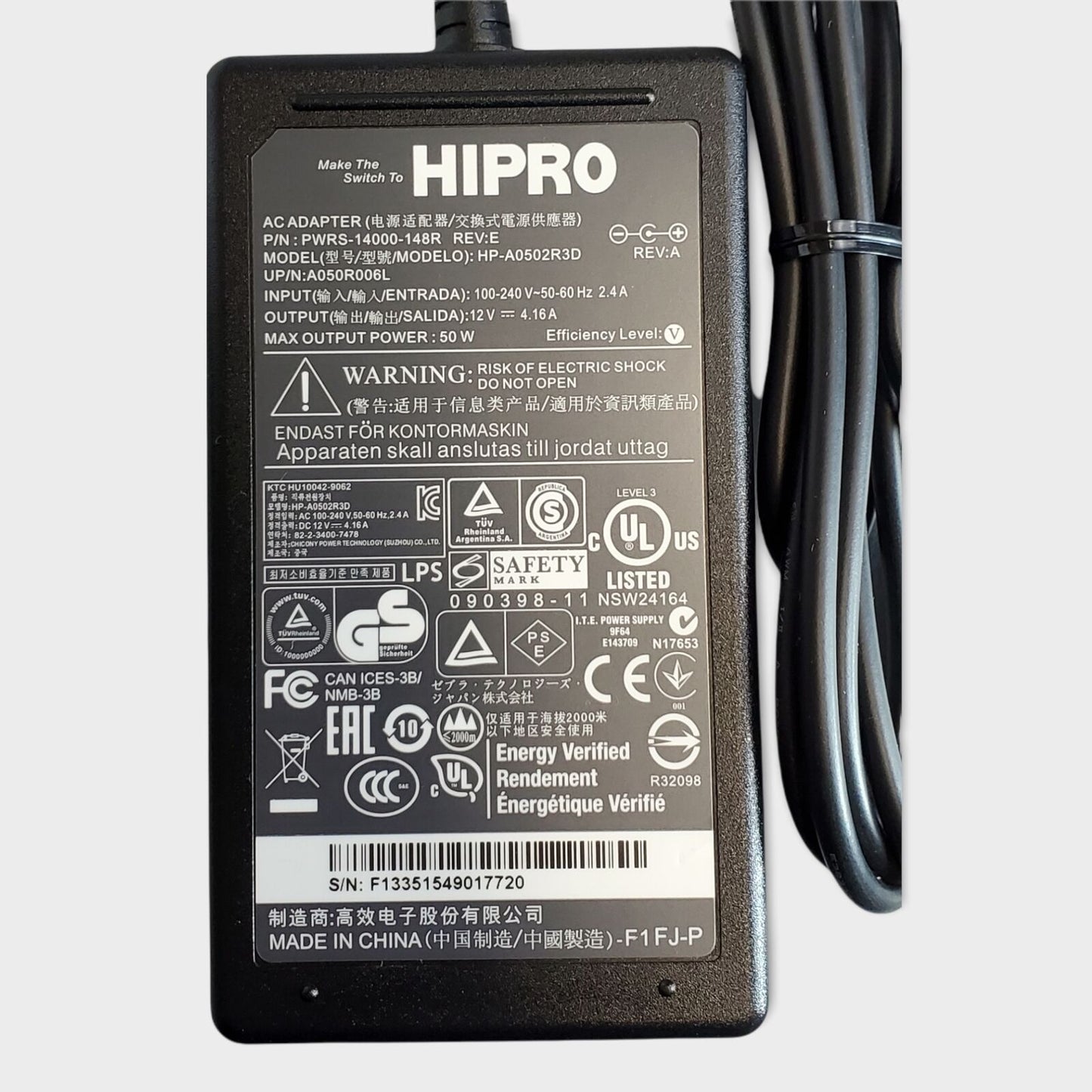 Zebra HIPRO PWRS-14000-148R AC Adapter Cradle Power Supply