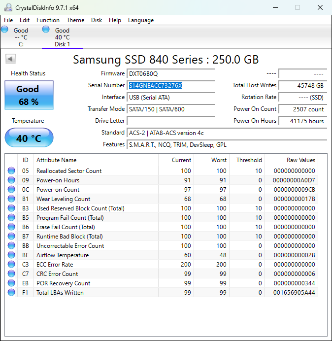 Samsung 840 Evo 250GB 2.5" Solid State Drive MZ-7TD250 68%