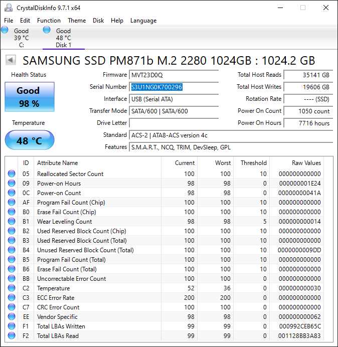 Samsung MZNLN1T0HALR-000D1 1TB PM871b M.2 2280 SSD SATA Drive 98% 2