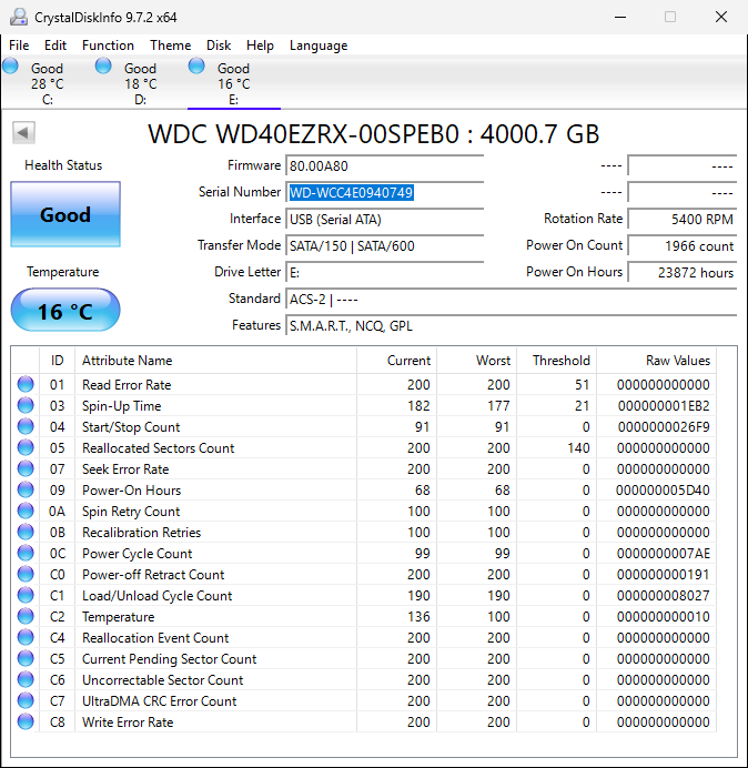 Western Digital Green 4TB WD40EZRX-00SPEB0 5.4K 64MB 6Gb/s SATA 3.5" HDD
