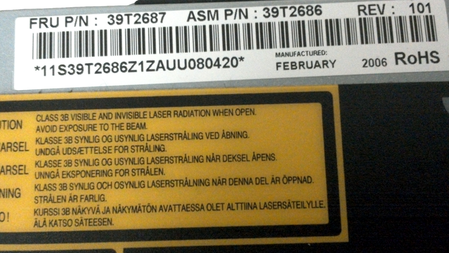 Lenovo ThinkPad T61 DVD ROM / CD RW Optical Drive FRU P/N 39T2686 rev. 101