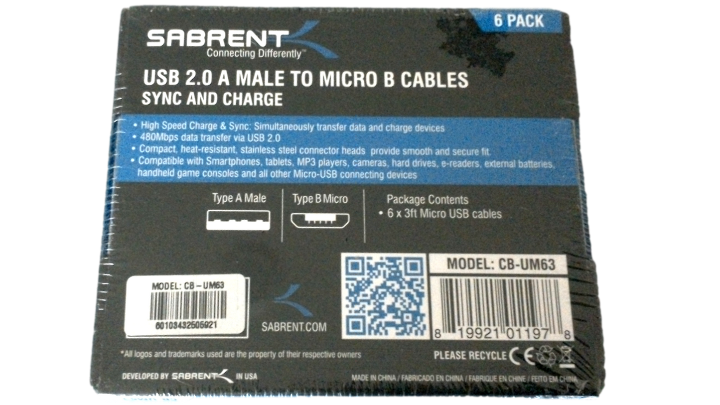 New SABRENT 6-Pack 3ft Micro USB Cables USB 2.0 A Male to Micro B Black CB-UM63