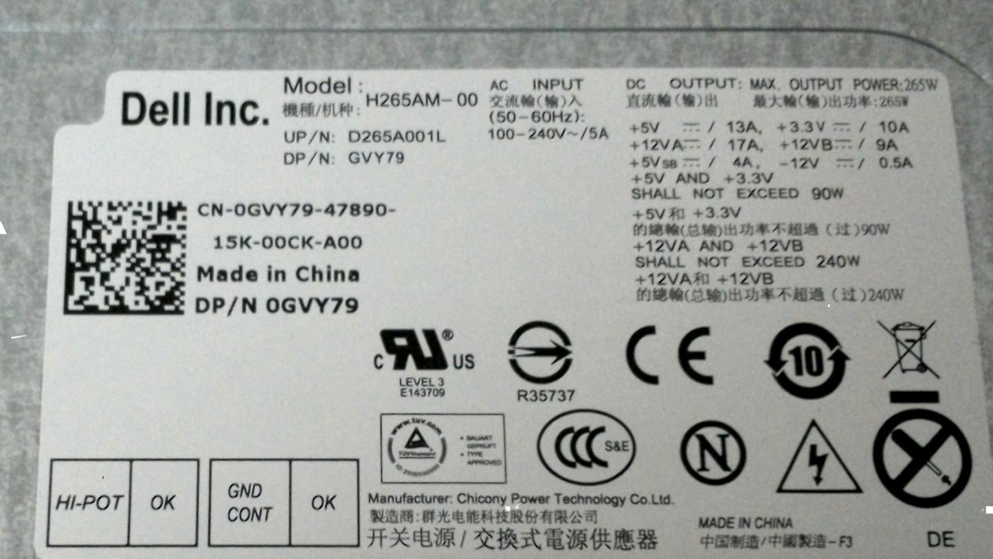 Dell 265W Desktop Power Supply GVY79 H265AM-00