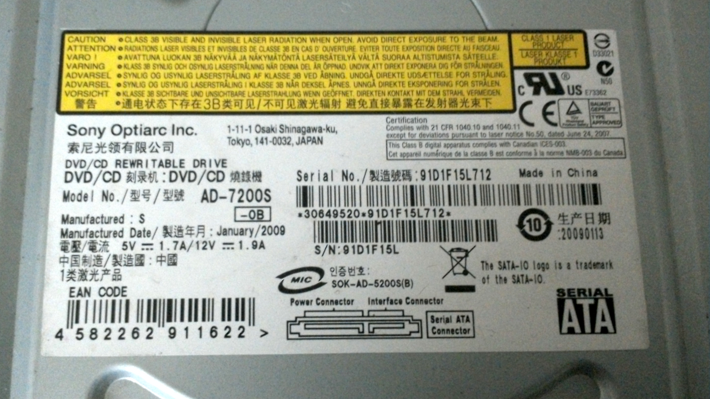 Sony Optiarc AD-7200S DVD/CD Multi Recorder Rewritable Internal Desktop Drive
