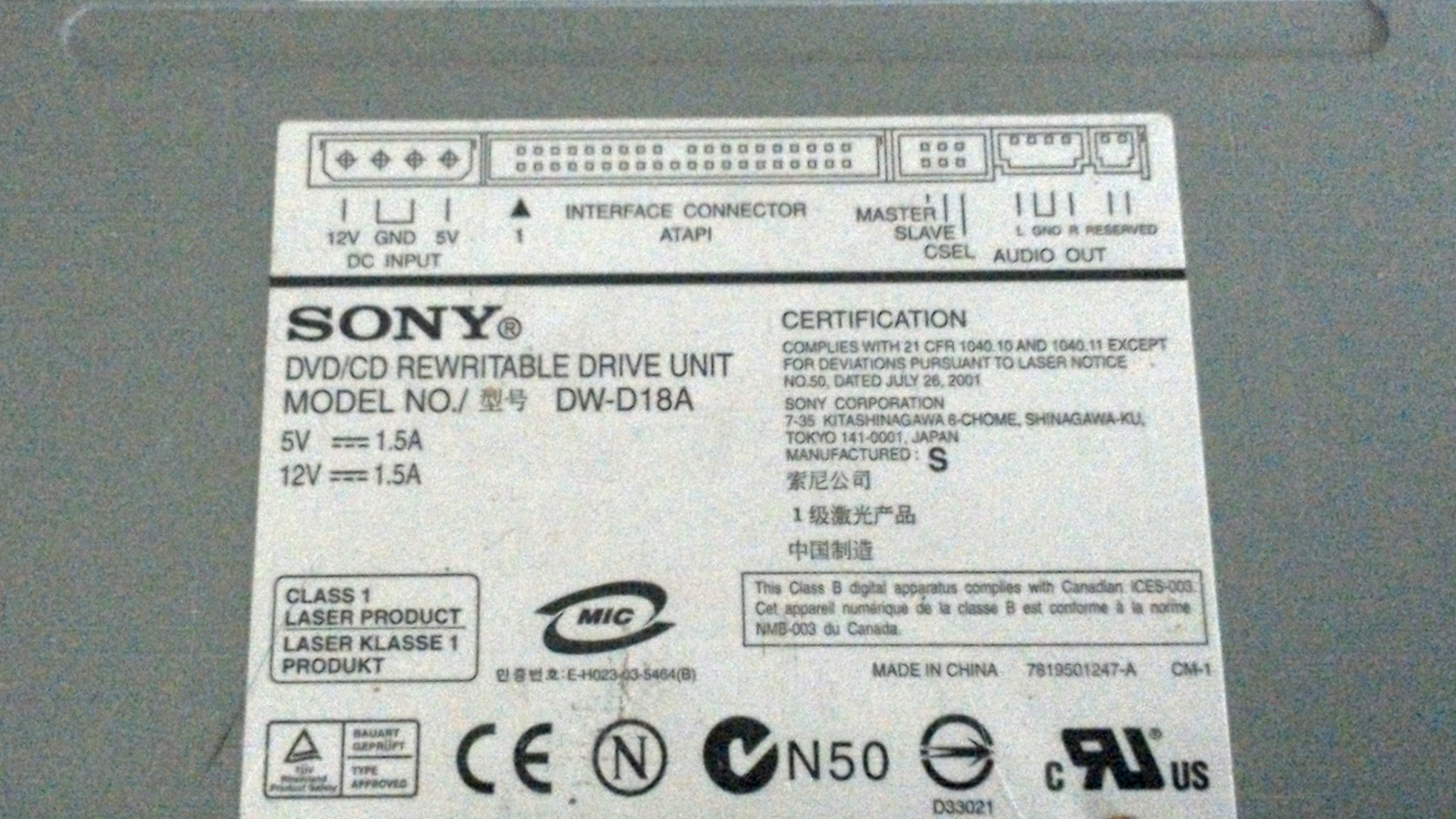 SONY DW-D18A 5.25" IDE DVD/CD REWRITABLE DRIVE UNIT